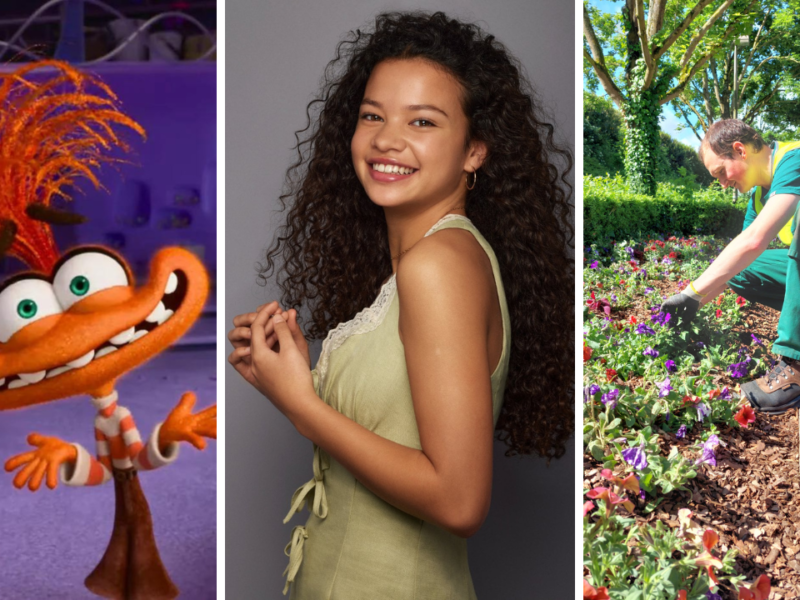 De gauche à droite : un personnage animé aux cheveux orange rappelant un film de Disney, une femme souriante aux cheveux bouclés, et une personne en tenue verte jardinant.