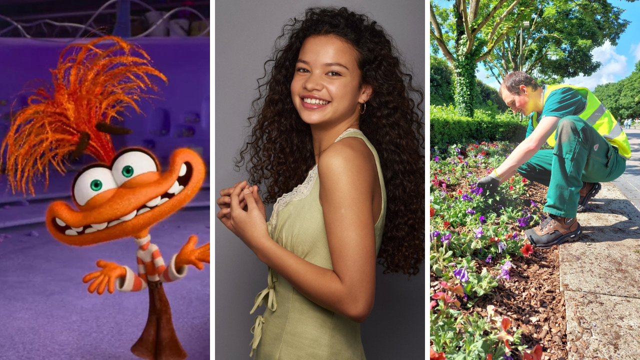 De gauche à droite : un personnage animé aux cheveux orange rappelant un film de Disney, une femme souriante aux cheveux bouclés, et une personne en tenue verte jardinant.