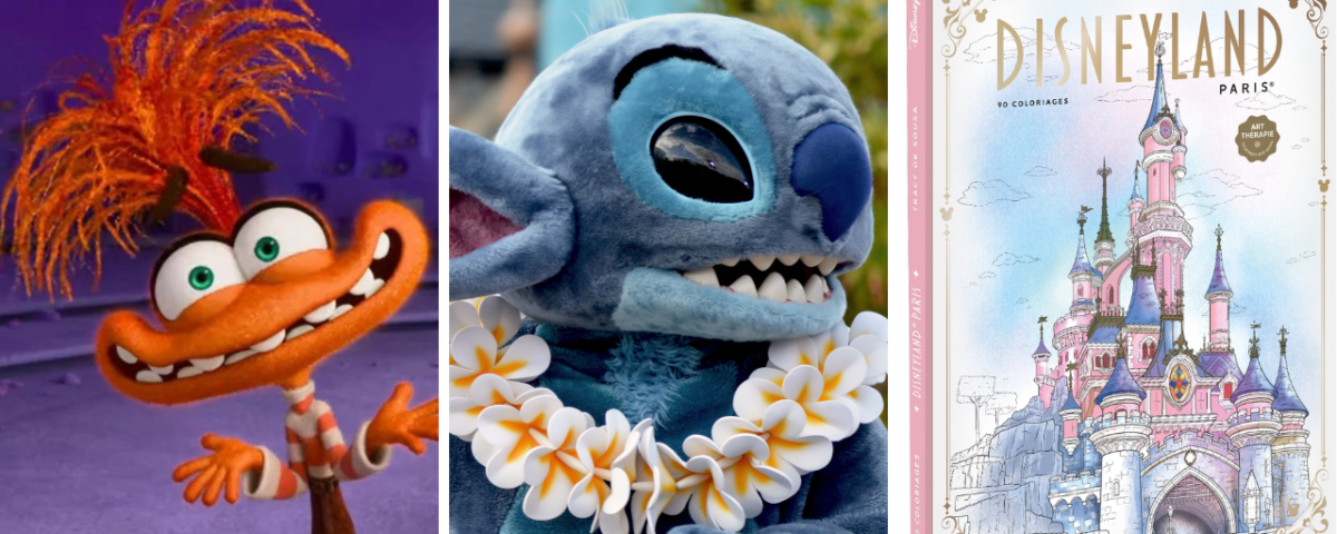 L'image présente un oiseau animé coloré, une personne habillée en Stitch du film "Lilo & Stitch" de Disney et un livre de Disneyland Paris avec une illustration du Château de la Belle au bois dormant, emblématique de l'univers enchanteur de Disney.