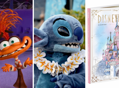 L'image présente un oiseau animé coloré, une personne habillée en Stitch du film "Lilo & Stitch" de Disney et un livre de Disneyland Paris avec une illustration du Château de la Belle au bois dormant, emblématique de l'univers enchanteur de Disney.