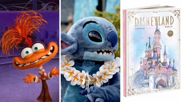 L'image présente un oiseau animé coloré, une personne habillée en Stitch du film "Lilo & Stitch" de Disney et un livre de Disneyland Paris avec une illustration du Château de la Belle au bois dormant, emblématique de l'univers enchanteur de Disney.