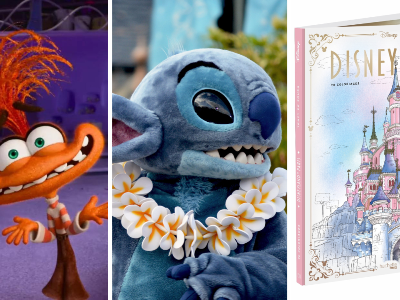 L'image présente un oiseau animé coloré, une personne habillée en Stitch du film "Lilo & Stitch" de Disney et un livre de Disneyland Paris avec une illustration du Château de la Belle au bois dormant, emblématique de l'univers enchanteur de Disney.