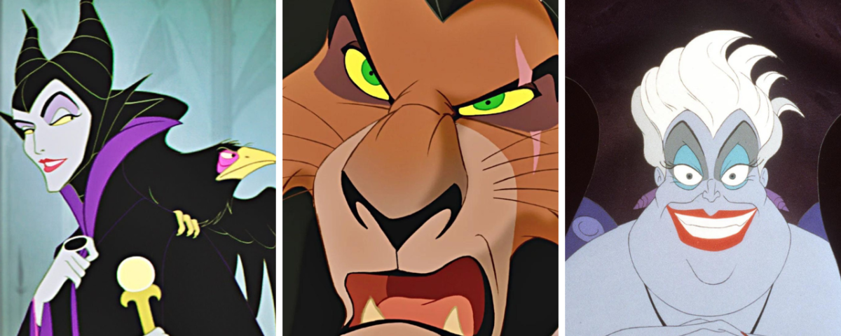 Trois méchants Disney animés dans une image divisée. À gauche : Maléfique avec un bâton et un corbeau. Au centre : gros plan sur le visage de Scar. À droite : Ursula souriante, les mains jointes.
