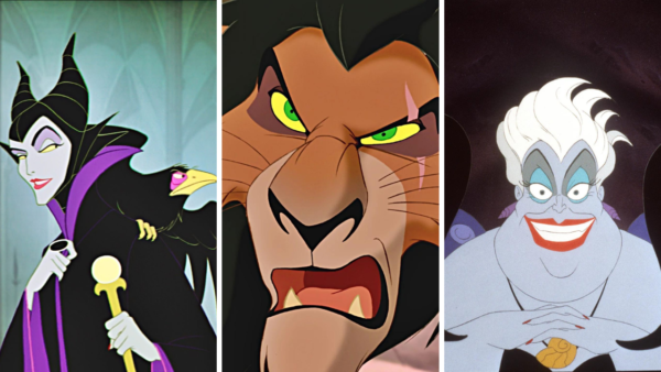 Trois méchants Disney animés dans une image divisée. À gauche : Maléfique avec un bâton et un corbeau. Au centre : gros plan sur le visage de Scar. À droite : Ursula souriante, les mains jointes.