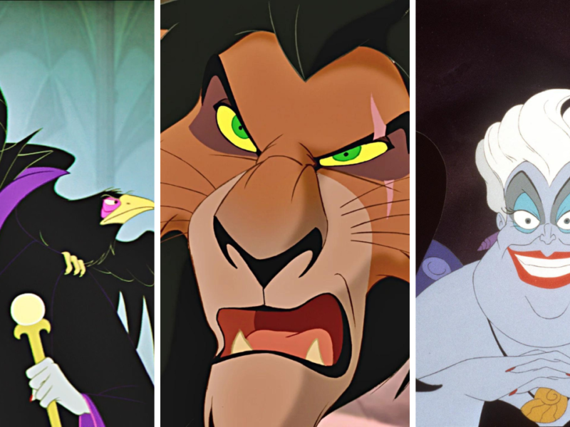 Trois méchants Disney animés dans une image divisée. À gauche : Maléfique avec un bâton et un corbeau. Au centre : gros plan sur le visage de Scar. À droite : Ursula souriante, les mains jointes.