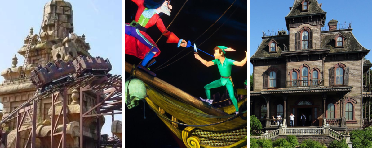 Disneyland Paris propose des attractions palpitantes comme des montagnes russes, une scène épique avec deux personnages animés se battant sur un bateau et un manoir hanté effrayant.