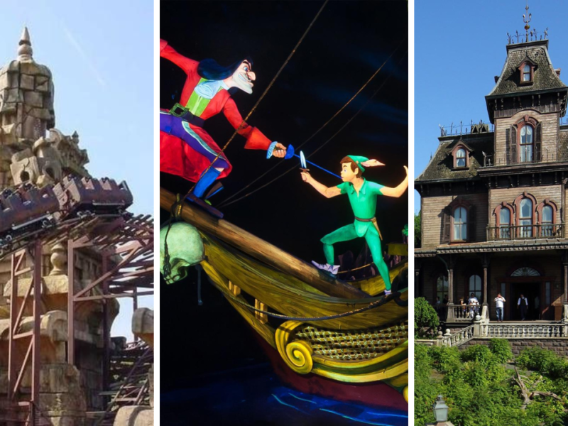 Disneyland Paris propose des attractions palpitantes comme des montagnes russes, une scène épique avec deux personnages animés se battant sur un bateau et un manoir hanté effrayant.
