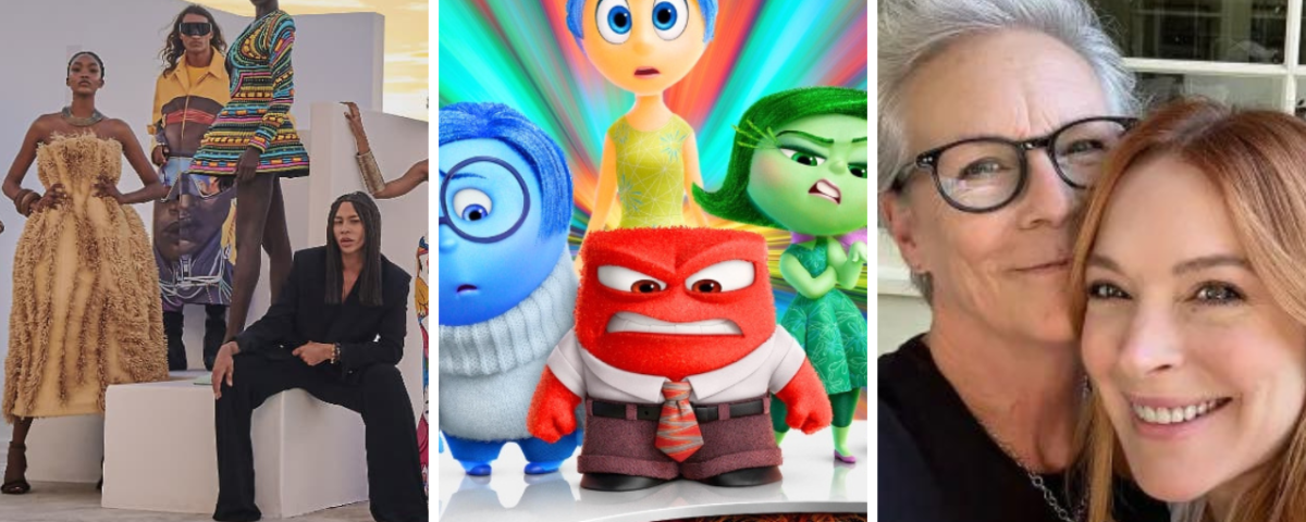 Un collage de trois images : des mannequins posant en extérieur, des personnages du film d'animation "Inside Out" (Vice Versa dans certaines régions) et deux personnes souriantes dans un selfie.