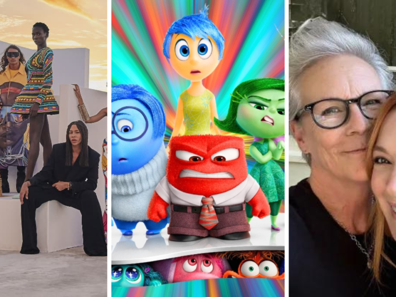 Un collage de trois images : des mannequins posant en extérieur, des personnages du film d'animation "Inside Out" (Vice Versa dans certaines régions) et deux personnes souriantes dans un selfie.