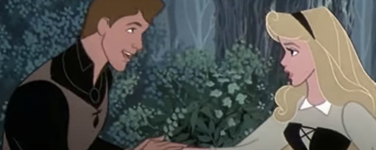 Un homme et une femme se tiennent la main dans une forêt qui n'est pas sans rappeler "La Belle au Bois Dormant". La femme, aux longs cheveux blonds, porte une robe noire et blanche. L'homme, aux cheveux bruns courts et à la tenue marron et noire, la regarde comme s'il lui disait « J'en ai rêvé » pendant qu'ils discutent.