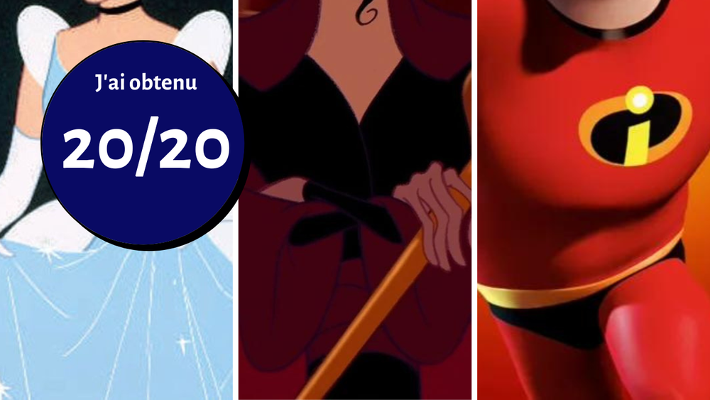 Trois personnages animés sont positionnés côte à côte, partiellement visibles ; une princesse de conte de fées dans un costume éblouissant, un personnage Disney vêtu de rouge avec une canne et un super-héros en rouge et noir. Une note de 20/20 est affichée.