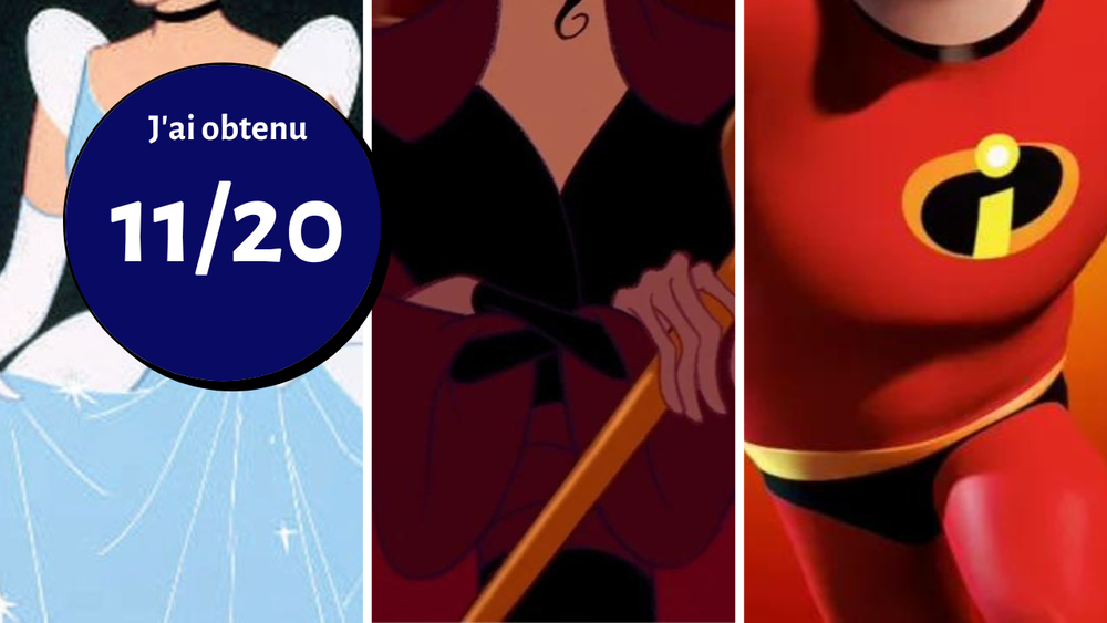 Une image divisée présentant trois personnages animés : le côté gauche présente un personnage Disney vêtu de bleu, le milieu montre un costume rouge avec un bâton et le côté droit présente un super-héros en rouge. Texte : « J'ai obtenu le 20/11.