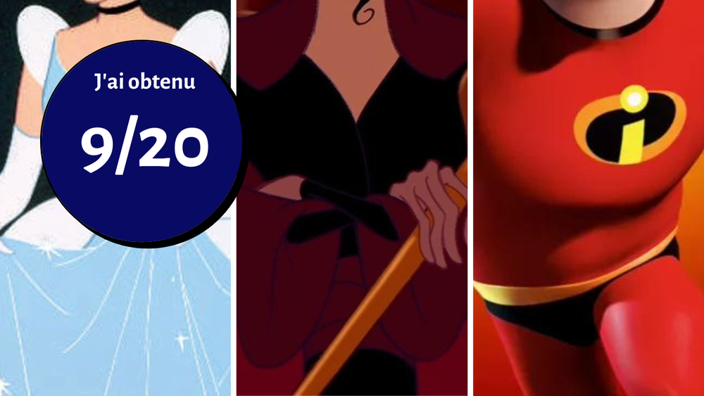 Le texte français indique « J'ai obtenu 9/20 » sur un cercle bleu. L'image est divisée en trois sections montrant des vues partielles des personnages de Disney : Cendrillon, un personnage aux cheveux roux tenant un bâton, et M. Indestructible en costume.