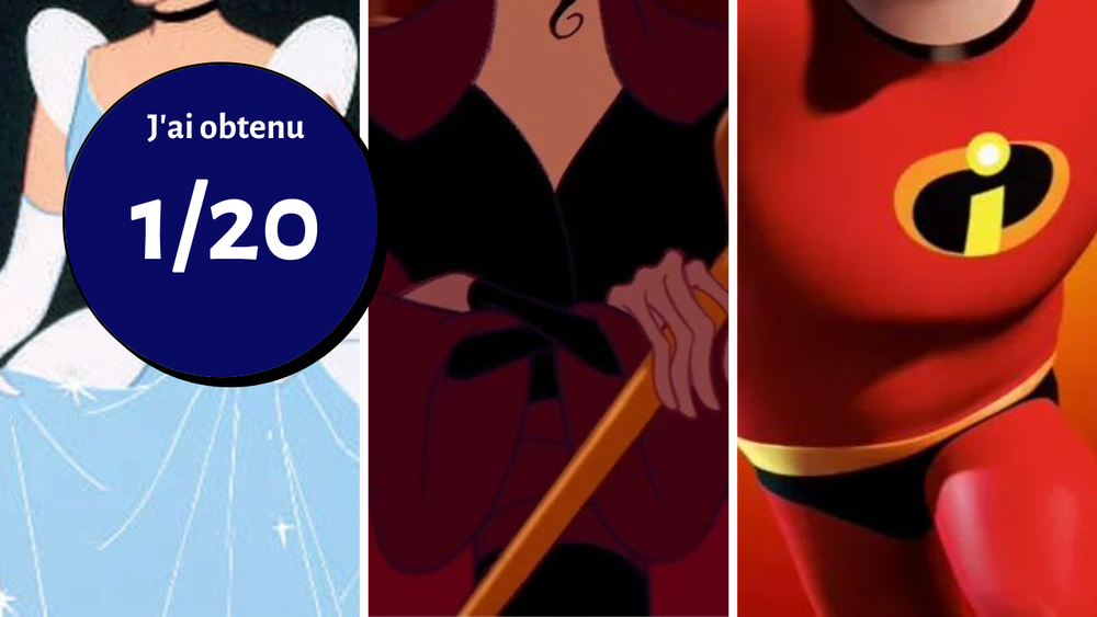 Un badge circulaire avec « J'ai obtenu 1/20 » superpose des images de Cendrillon, un personnage de Disney en costume rouge, et de M. Indestructible.