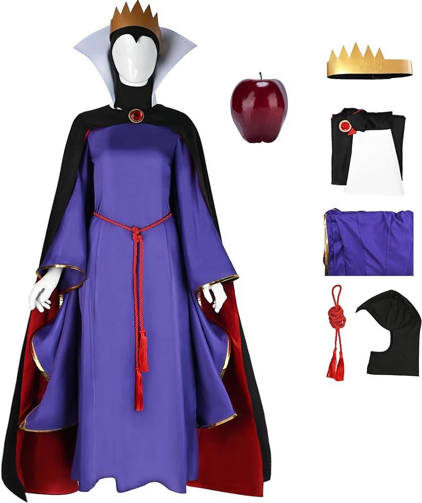 Un costume violet et noir avec un col haut et une ceinture rouge, digne d'un personnage Disney, accompagné d'une couronne dorée, d'une pomme rouge et d'accessoires supplémentaires disposés sur un fond blanc.