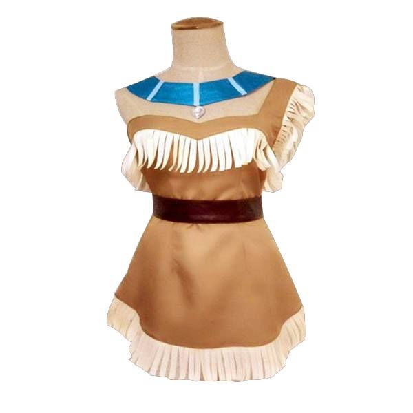 Une robe marron sans manches avec des franges blanches, un col bleu et une ceinture marron foncé affichée sur un mannequin, rappelant un costume Disney parfait pour donner vie à votre personnage préféré.