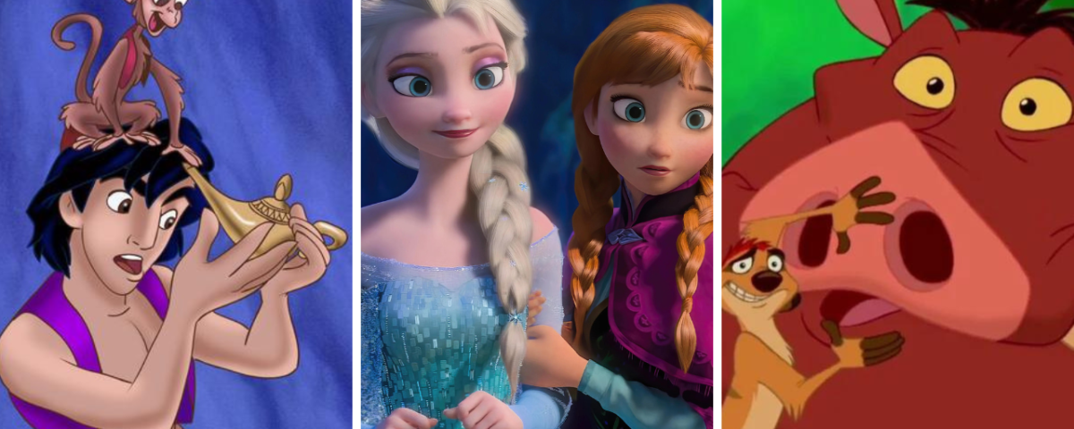 Trois scènes animées : Aladdin tenant une lampe avec un singe sur l'épaule, Elsa et Anna de La Reine des Neiges debout côte à côte, et le duo Disney Timon et Pumbaa du Roi Lion faisant des expressions surprises.