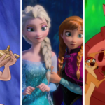 Trois scènes animées : Aladdin tenant une lampe avec un singe sur l'épaule, Elsa et Anna de La Reine des Neiges debout côte à côte, et le duo Disney Timon et Pumbaa du Roi Lion faisant des expressions surprises.