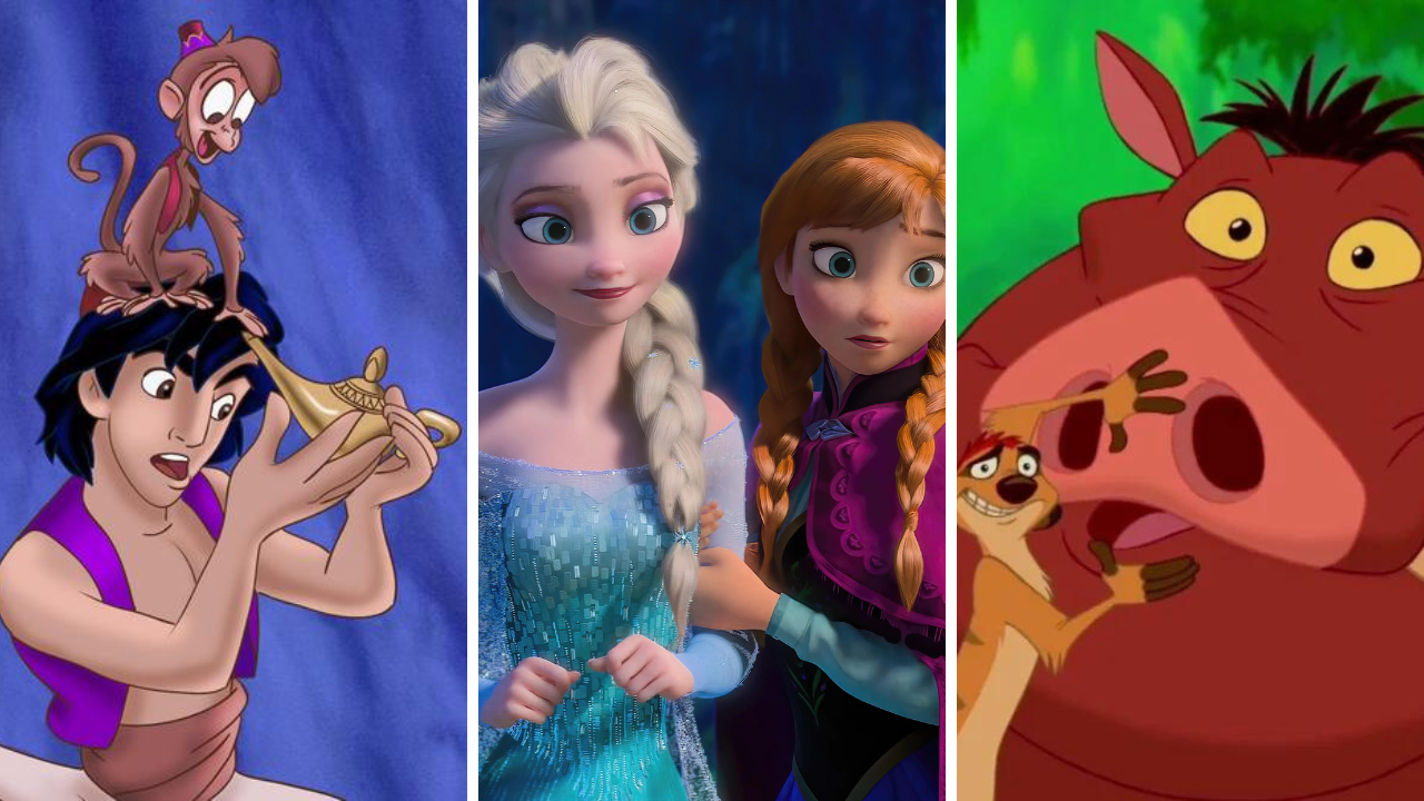 Trois scènes animées : Aladdin tenant une lampe avec un singe sur l'épaule, Elsa et Anna de La Reine des Neiges debout côte à côte, et le duo Disney Timon et Pumbaa du Roi Lion faisant des expressions surprises.