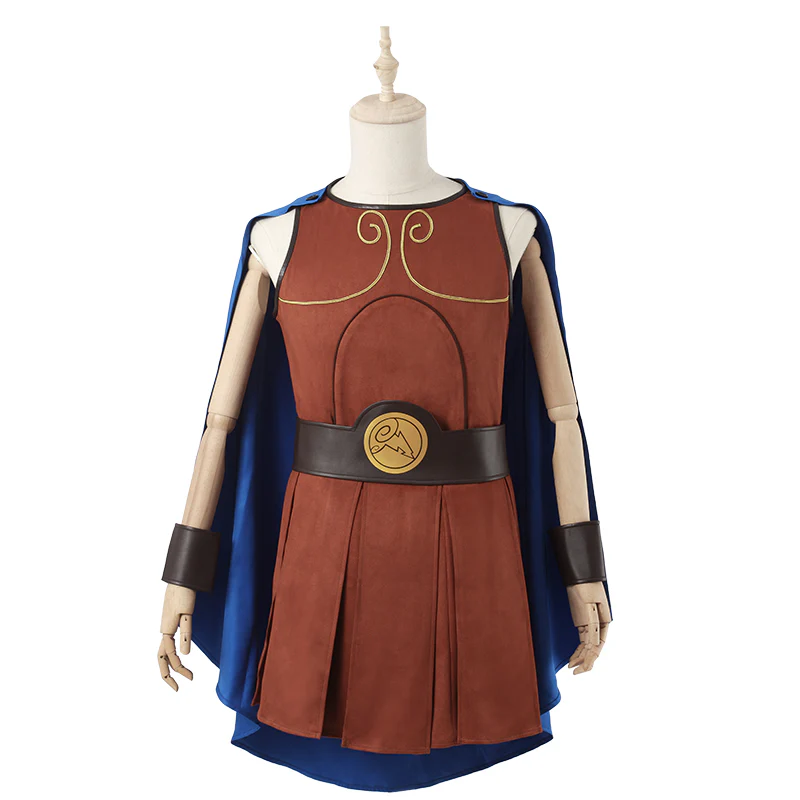 Un mannequin présente un costume de personnage Disney comprenant une tenue marron avec des détails dorés, une ceinture à emblème circulaire et une cape bleue.