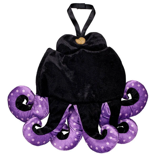 Un tablier noir et violet sur le thème de la pieuvre, parfait pour un costume Disney, comporte des tentacules avec des taches blanches et une sangle de cou réglable.