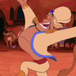 Une caricature d'un homme dansant avec un lion, qui rappelle les aventures magiques d'Aladdin dans le rôle du prince Ali.