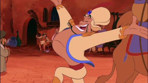 Une caricature d'un homme dansant avec un lion, qui rappelle les aventures magiques d'Aladdin dans le rôle du prince Ali.