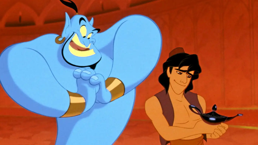 Un génie bleu regarde avec enthousiasme un jeune homme, Aladdin, tenant une lampe magique dans une scène d'un film d'animation.