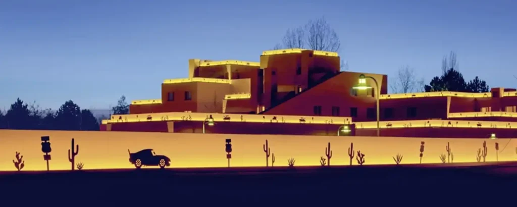 Une silhouette de voiture et de cactus se dessine devant les bâtiments à plusieurs étages illuminés de l'hôtel Santa Fe sur fond de ciel crépusculaire.