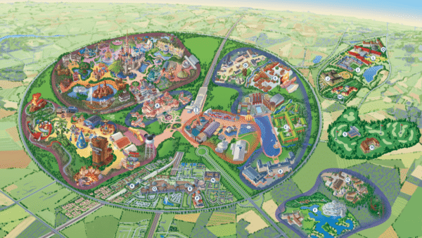 Une carte colorée et détaillée de Disneyland Paris avec différentes sections, des attractions balisées et des espaces verts environnants, offrant un guide complet pour explorer les merveilles et offrant un aperçu de l'agencement et des caractéristiques du parc.