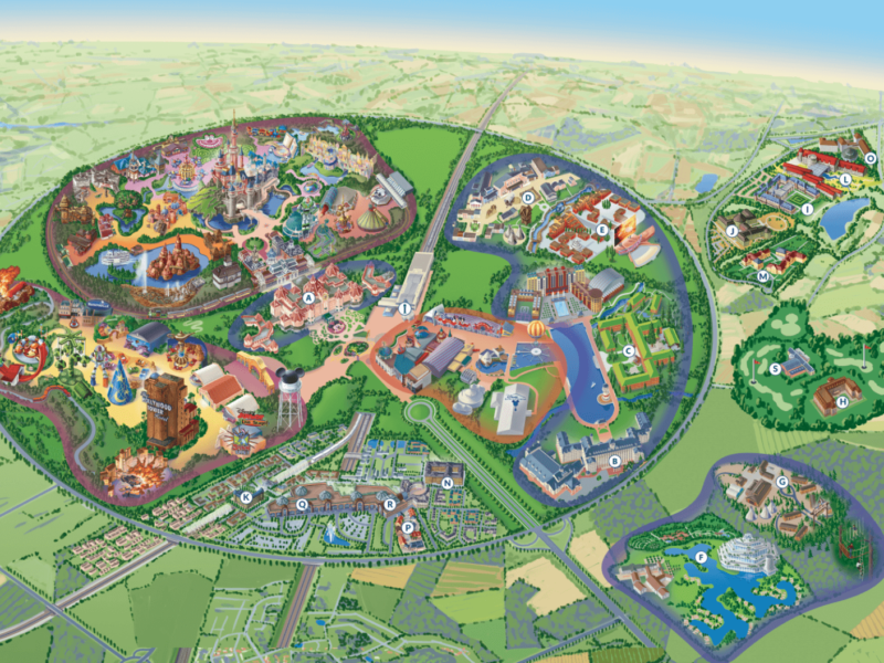 Une carte colorée et détaillée de Disneyland Paris avec différentes sections, des attractions balisées et des espaces verts environnants, offrant un guide complet pour explorer les merveilles et offrant un aperçu de l'agencement et des caractéristiques du parc.