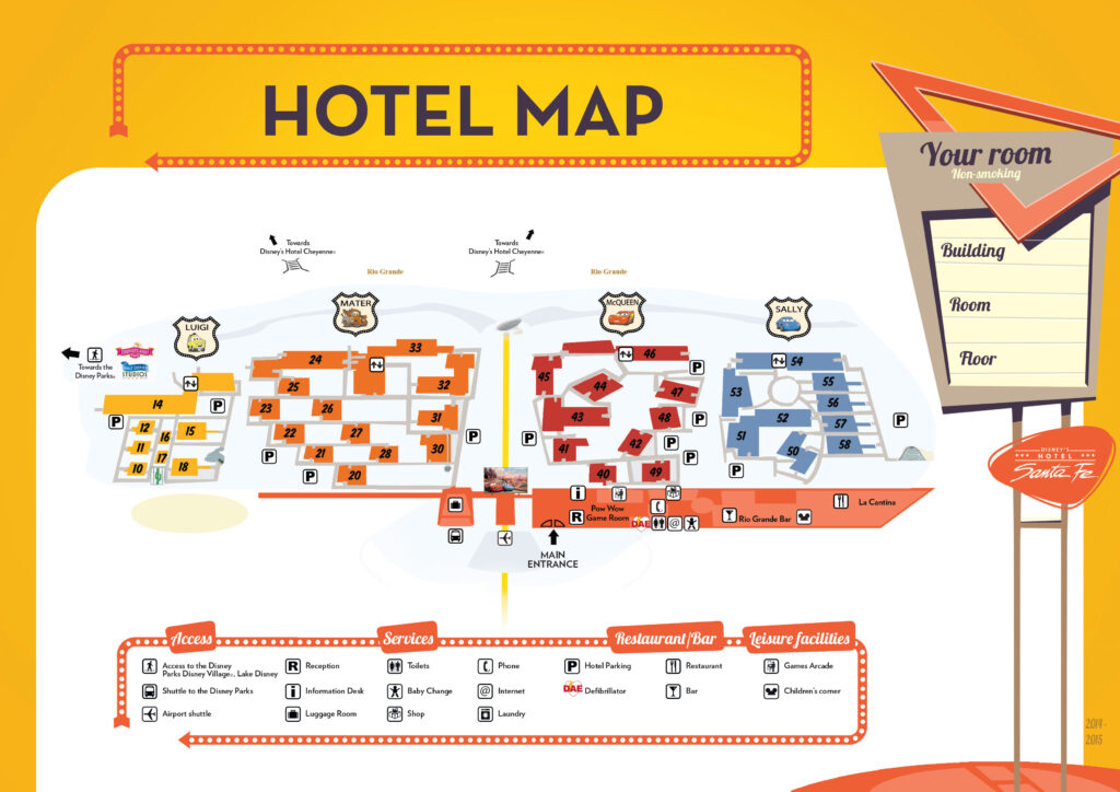 Carte à code couleur du Disney Hotel Santa Fe détaillant les chambres, les services, les espaces de restauration et les installations. Les sections comprennent West Bank et East Bank, toutes deux divisées en plusieurs bâtiments le long du Rio Grande. Une légende explique les symboles des équipements pour vous aider à « démarrer votre moteur » dans votre aventure.