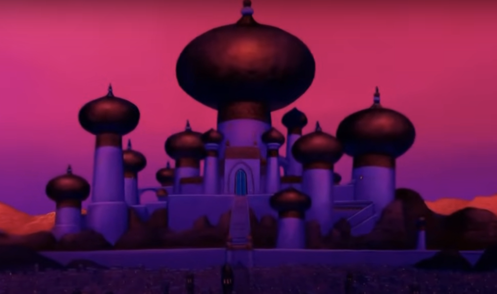 Nuits d'Arabie. Un grand palais orné de nombreux dômes et tours sur fond de ciel violet et rose, représenté dans un style animé, évoque l'attrait enchanteur des nuits d'arabie.