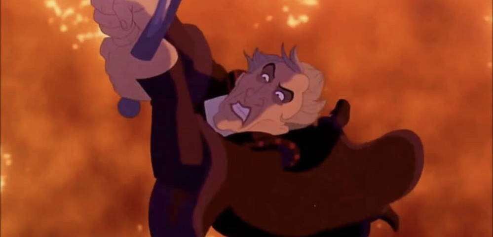 Un personnage animé à l'expression déterminée s'accroche à une gargouille de pierre infernale au milieu d'un fond de feu et de fumée.