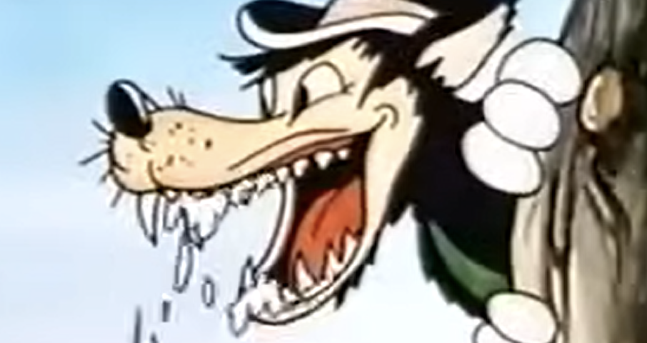 Un Grand Méchant Loup animé portant un chapeau se penche derrière un arbre, la bouche ouverte et bavant.