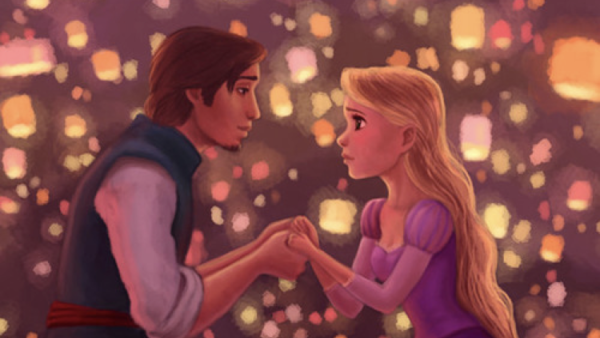 Deux personnages animés, un homme et une femme, se tiennent la main dans un bateau entouré de lanternes lumineuses dans le ciel nocturne, chuchotant « je veux y croire » alors qu'ils dérivent dans la magie de leurs rêves.