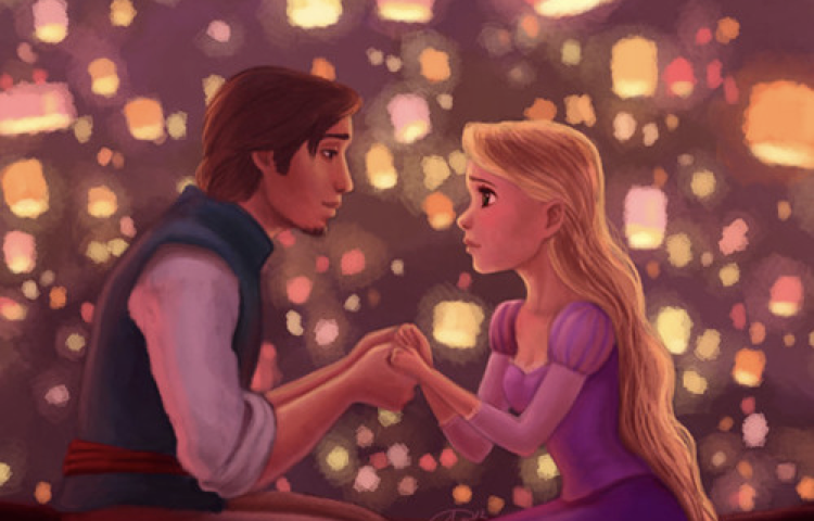 Deux personnages animés, un homme et une femme, se tiennent la main dans un bateau entouré de lanternes lumineuses dans le ciel nocturne, chuchotant « je veux y croire » alors qu'ils dérivent dans la magie de leurs rêves.