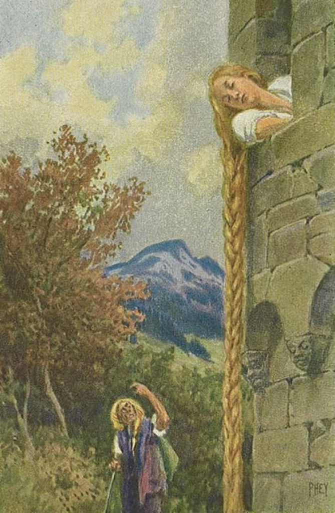 Illustration d'une femme aux cheveux longs tressés se penchant à la fenêtre d'une tour, tandis qu'une personne se tient en dessous, regardant avec émerveillement, chuchotant « je veux y croire » sur fond d'un paysage montagneux majestueux.