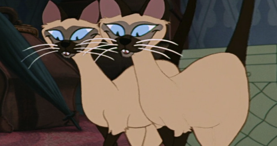 Deux chats siamois animés, rappelant « la chanson des siamois », se tiennent côte à côte sur un sol rouge à motifs avec une boîte verte en arrière-plan.