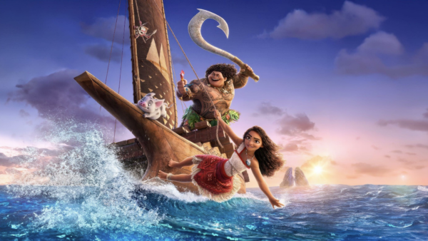 Alors que le soleil disparaît à l'horizon, nos aventuriers animés reprennent la mer. Avec des échos de Vaiana 2 dans leur cœur, ils glissent sur les vagues de l'océan au coucher du soleil. L'un tient une rame avec détermination ; un autre s'accroche au bateau, rejoint par un cochon insouciant qui l'accompagne dans la balade.