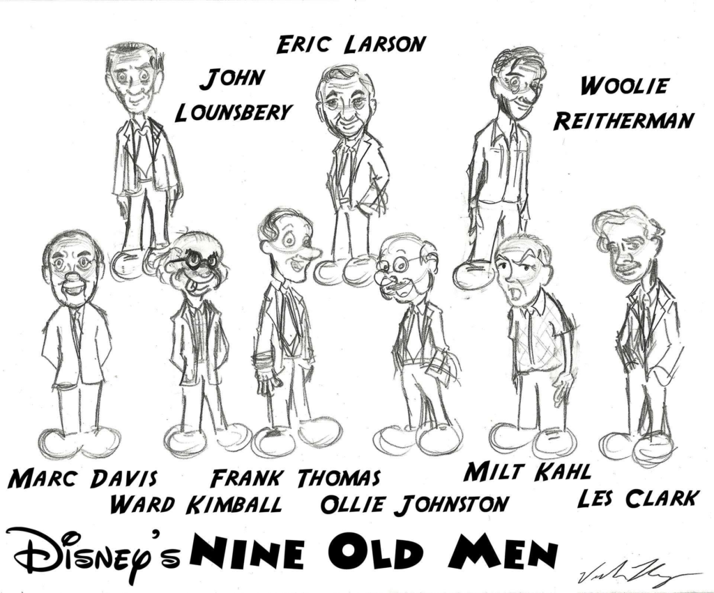 Cette illustration fantaisiste des « Neuf vieux hommes » de Disney représente Eric Larson, John Lounsbery, Woolie Reitherman, Marc Davis, Frank Thomas, Ward Kimball, Ollie Johnston, Milt Kahl et Les Clark comme de charmantes caricatures, comme deux bons copains dans le monde de l'animation.