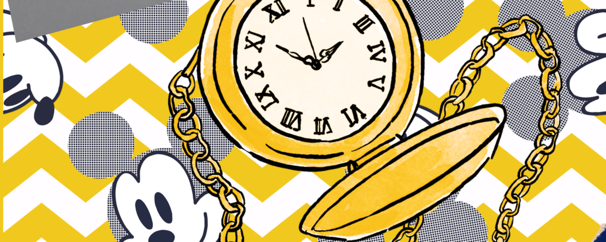 Illustration d'une montre de poche et du texte en français "Ca S'est Passé Un... Disney dans l'Histoire", sur fond jaune à motifs zigzag et Mickey Mouse. Ce design captivant vous invite à explorer l'univers unique de Disney à travers un voyage dans le temps en podcast.