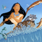 Femme animée pagayant avec un raton laveur, des loutres et des poissons dans l'eau, tandis qu'au détour de la rivière, un colibri vole à proximité.