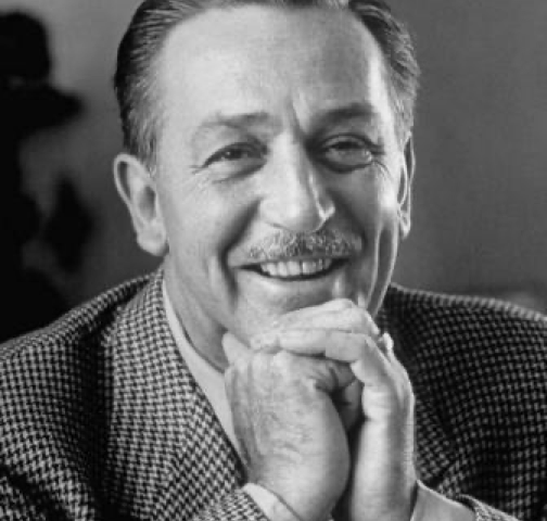 Un homme à moustache, vêtu d'un costume à carreaux, pose son menton sur ses mains jointes et sourit. Son attitude évoque le charme d'une époque qui rappelle la naissance de Walt Disney en 1901.