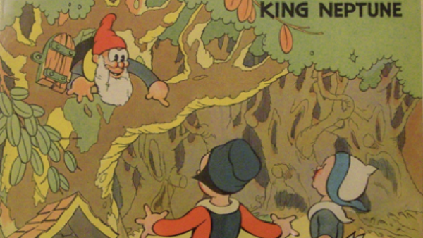 Une couverture de bande dessinée vintage présente les « Silly Symphonies » de Mickey Mouse. Les personnages interagissent avec plaisir avec un gnome dans un arbre, encapsulant la fantaisie de « Babes in the Woods » et la magie du « Roi Neptune », rappelant les aventures depuis le 10 juin 1929.