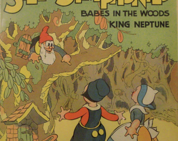 Une couverture de bande dessinée vintage présente les « Silly Symphonies » de Mickey Mouse. Les personnages interagissent avec plaisir avec un gnome dans un arbre, encapsulant la fantaisie de « Babes in the Woods » et la magie du « Roi Neptune », rappelant les aventures depuis le 10 juin 1929.