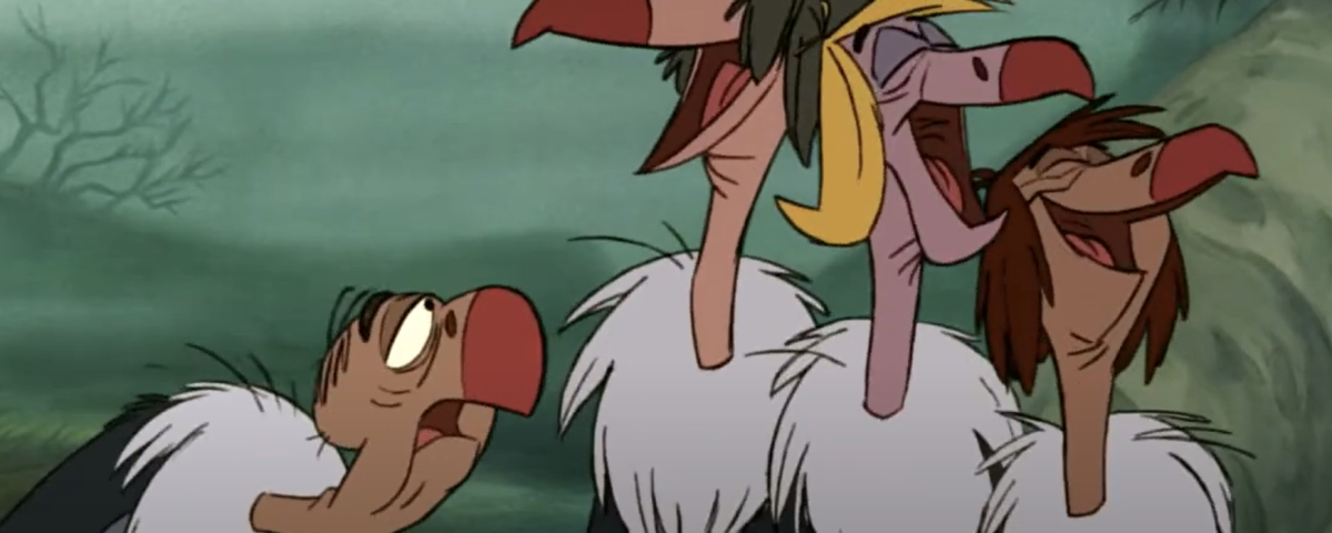 Quatre vautours animés, rappelant les personnages du Livre de la Jungle, se rassemblent, affichant des expressions variées. Leurs becs proéminents et leurs touffes de poils se détachent sur un fond discret, soulignant qu'ils sont bel et bien tes vrais amis dans cette scène fantaisiste.