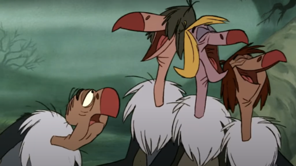Quatre vautours animés, rappelant les personnages du Livre de la Jungle, se rassemblent, affichant des expressions variées. Leurs becs proéminents et leurs touffes de poils se détachent sur un fond discret, soulignant qu'ils sont bel et bien tes vrais amis dans cette scène fantaisiste.