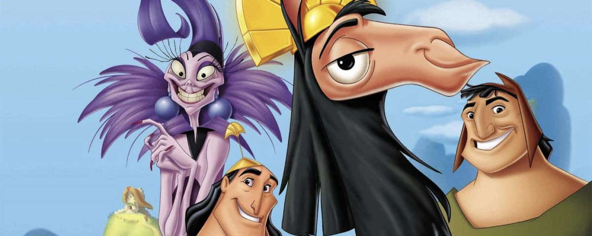 Les personnages animés de « Kuzco, l'empereur mégalo » créent un monde parfait avec un lama, un homme en tunique verte et une femme en tenue violette sur fond de ciel bleu et de paysage montagneux.