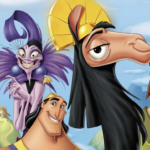 Les personnages animés de « Kuzco, l'empereur mégalo » créent un monde parfait avec un lama, un homme en tunique verte et une femme en tenue violette sur fond de ciel bleu et de paysage montagneux.